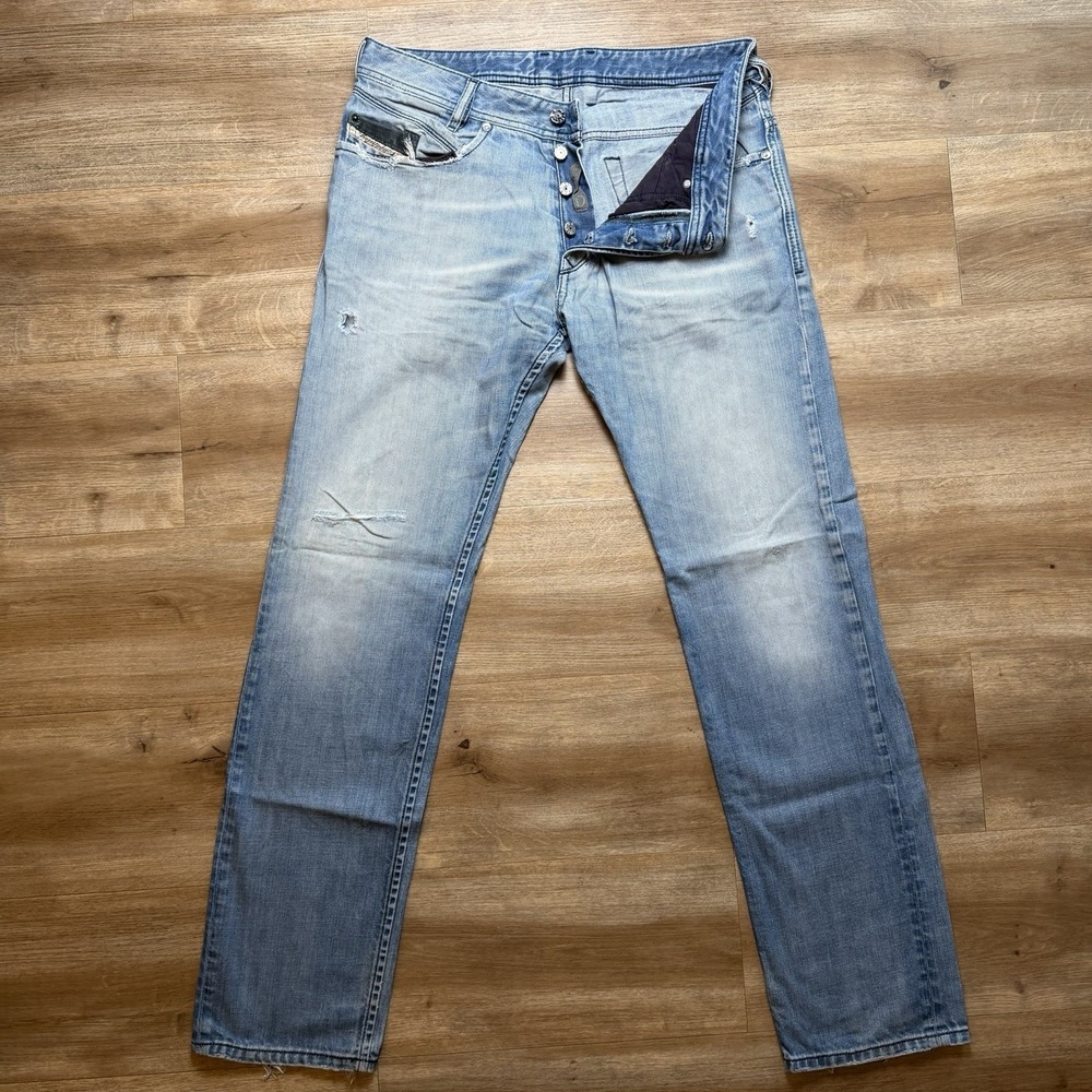 Diesel Iakop Jeans Men 33x32 Blue Regular Slim Tapered Fit Thrashed Faded 0807K